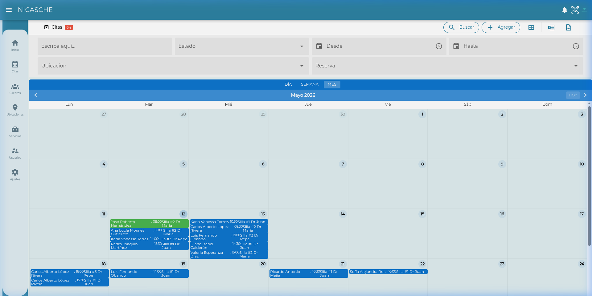 Vista de calendario mensual con citas