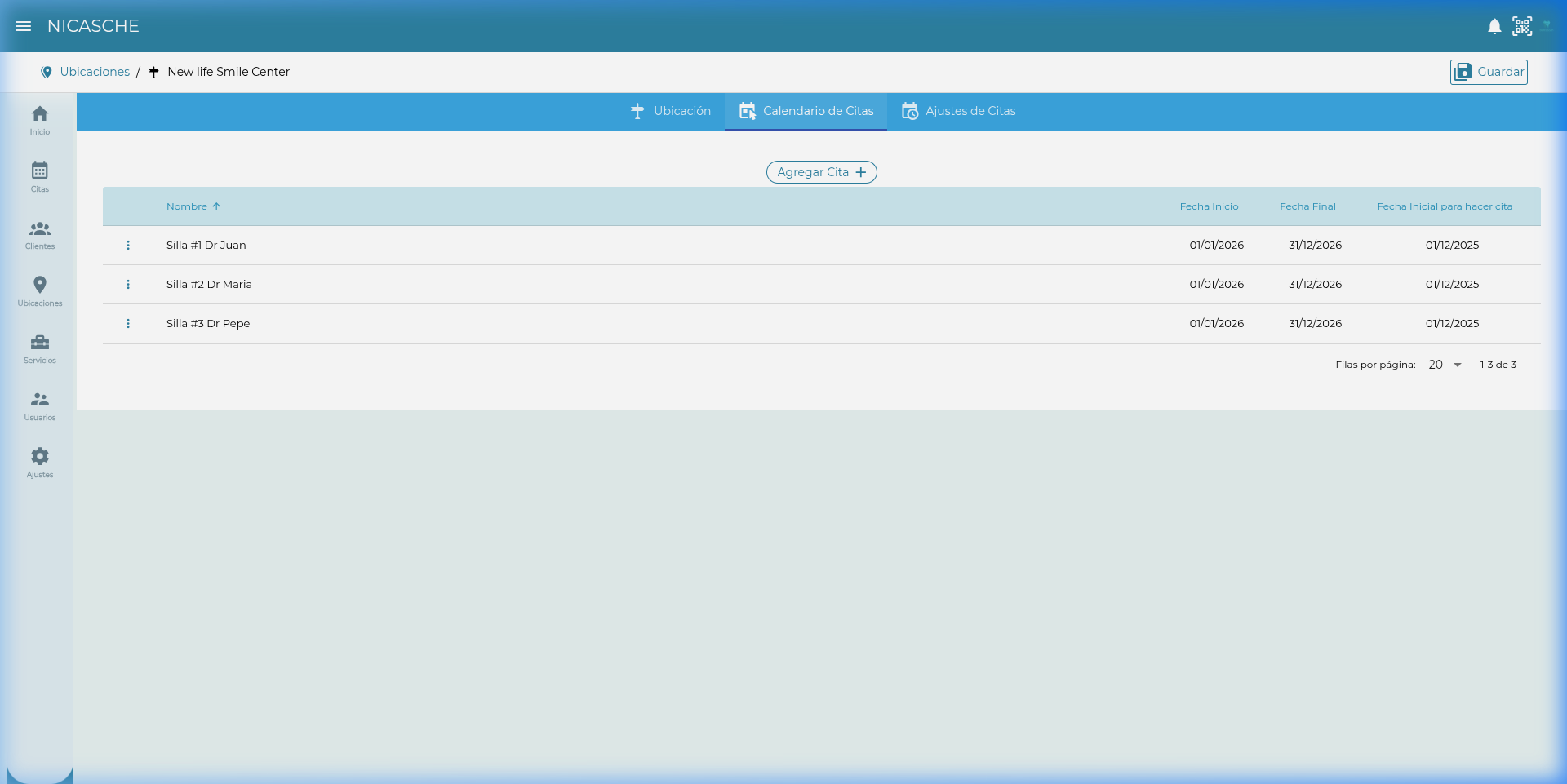 Calendario de citas con tipos configurados