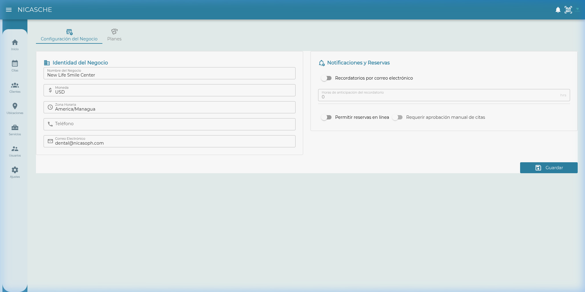Configuración del negocio